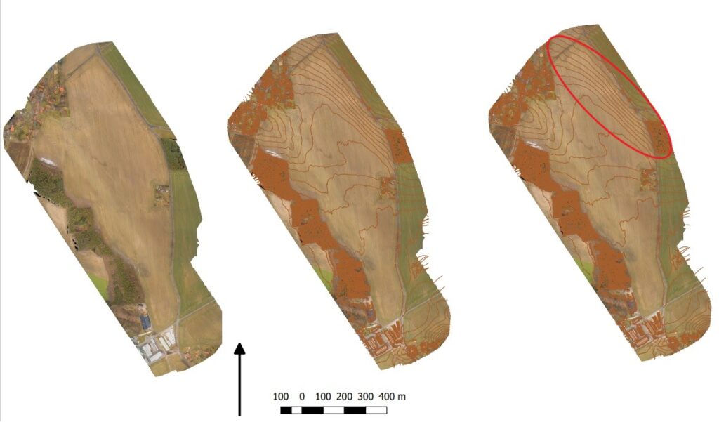 Identifikace místa pro využití níže popsané technologie, a to pěstování kukuřice s podsevem směs žita a hrachu. Snímek pozemku pořízený pomocí UAV (vlevo). Proložení vrstevnicemi (uprostřed). Identifikace erozně ohrožené části pozemku (vpravo)