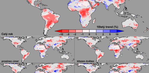 Statisticky významné trendy půdní vlhkosti od roku 1981 podle modelu SoilClim, vyjádřené v procentech za deset let (přejato z publikace v Environmental research letters)