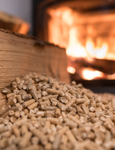 Wood stove heating with in foreground wood pellets - economical heating system concept